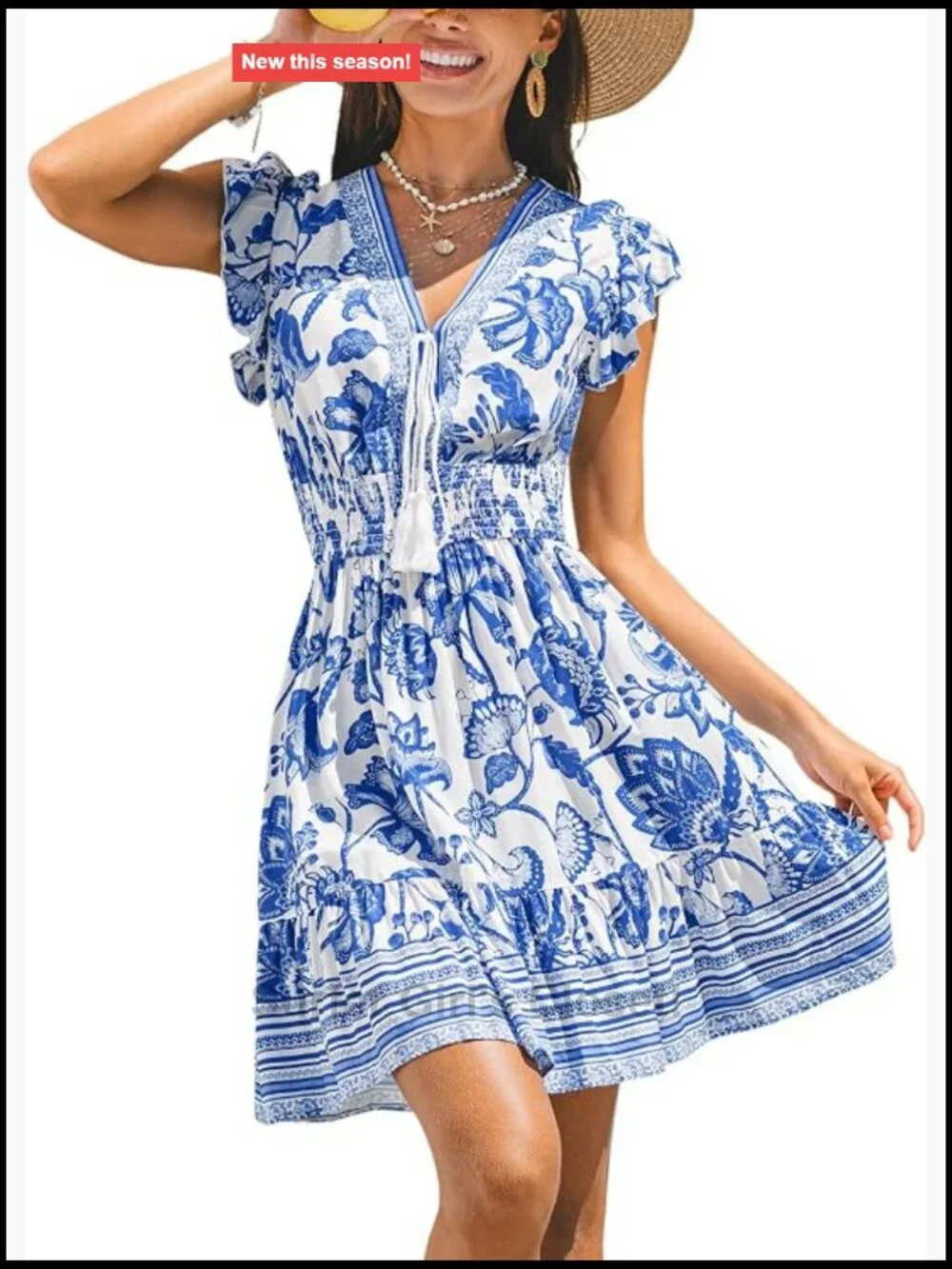 Boho Floral Sundress V-Neck Ruffle Cap Sleeve Smocked Waist A-Line Mini Dress